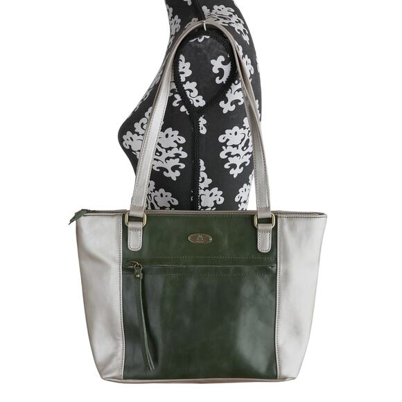 Aurielle Handbags - Green And Champagne Aurielle Leather Tote - 14W x 9H x 4.75D